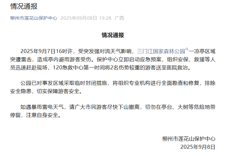 公园凉亭突遭雷击，网传多名游客受伤？官方回应→